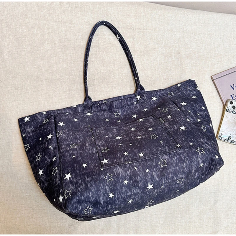 Koreanische Tragetasche mit Sterndruck, Damen-Shopper-Schultertasche, geräumige Handtasche für den täglichen Gebrauch, einfarbig, vielseitig, minimalistisch – Detail 20