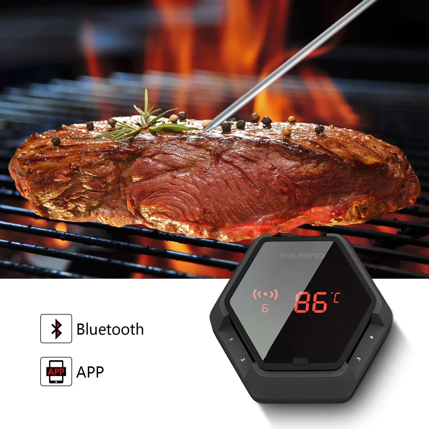 INKBIRD IBT-6XS Bluetooth Grill Thermometer with 6 Probes 1000mAh USB Rechargeable Li-Battery Barbecue Thermometers for Cooking