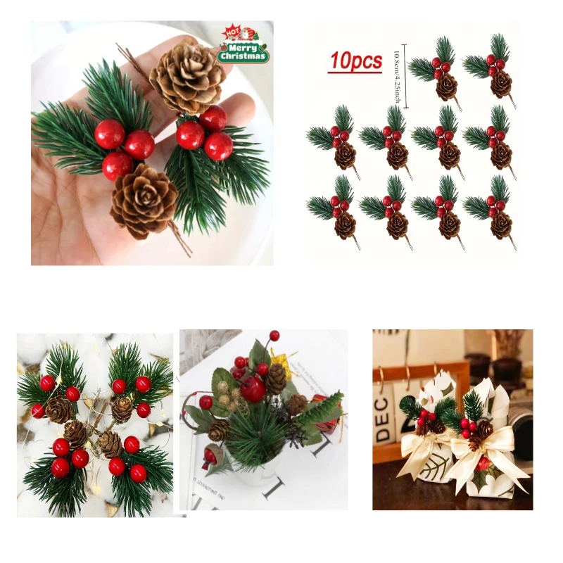 

Набор из 10 шт., реалистичные сосновые шишки и красные ягоды, идеально подходит для топперов для рождественской елки, праздничных украшений и поделок своими руками
