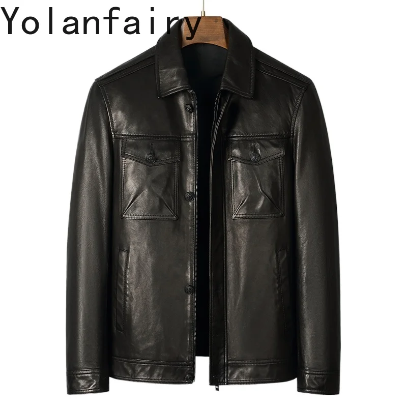 

YOLANFAIRY 100% Genuine Leather Jacket Men Spring Autumn Short Casual Business Top Layer Sheepskin Coat Jaqueta Couro Masculina
