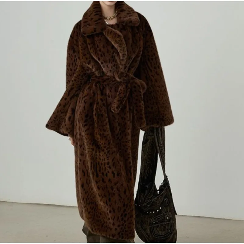 Winter Thickened Leopard Print Super Long Tall Furry Trench Coat Original Design Wind Waist Imitation Mink Fur Coat