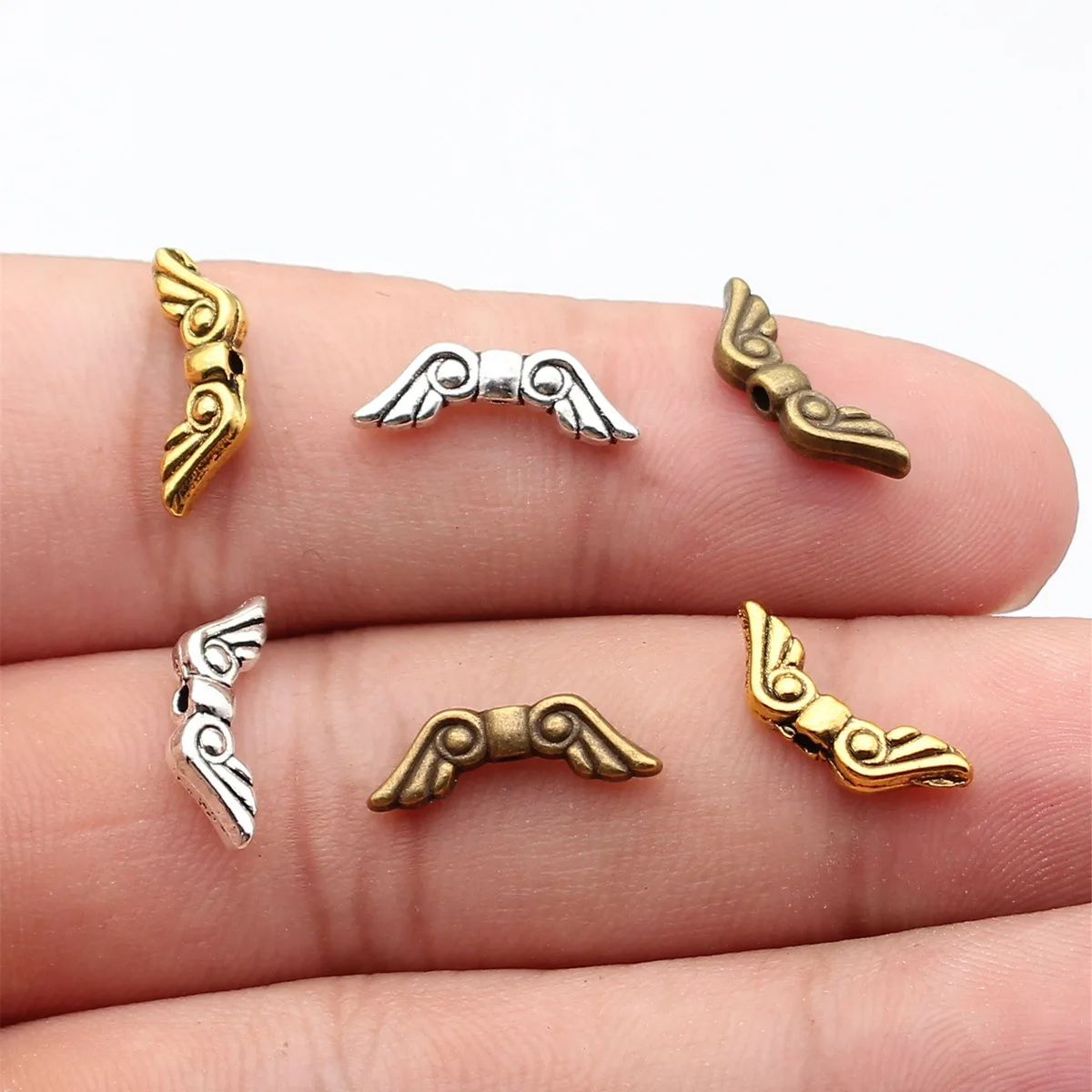 WYSIWYG 20pcs 16x5mm 3 Colors Antique Bronze Color Antique Silver Color Antique Gold Color Angel Wing Small Hole Beads