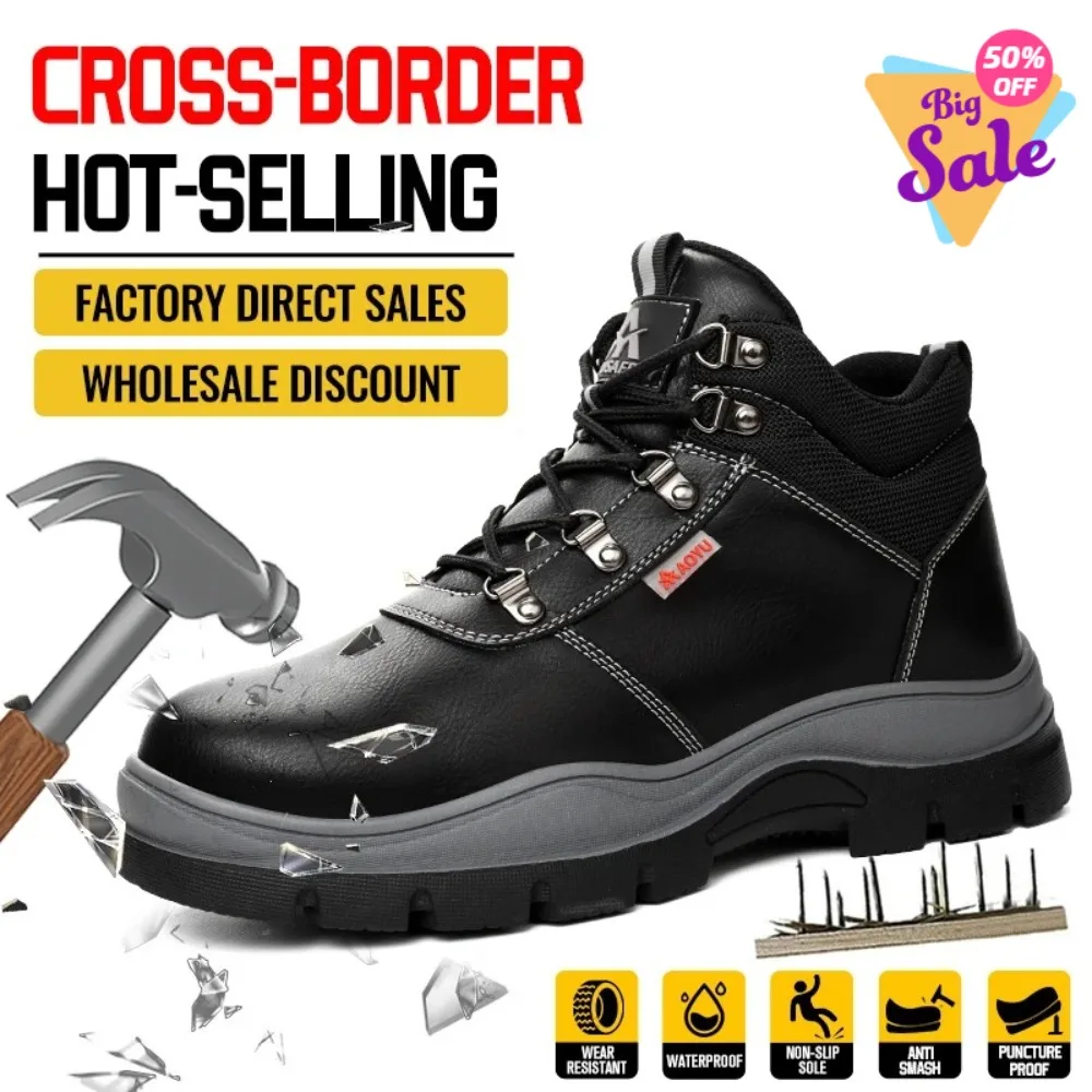 

AOYU Water Proof Safety Work Shoes For Men Steel Head Leather Boots Male Footwear Indestructible Construction Work Shoes Brown