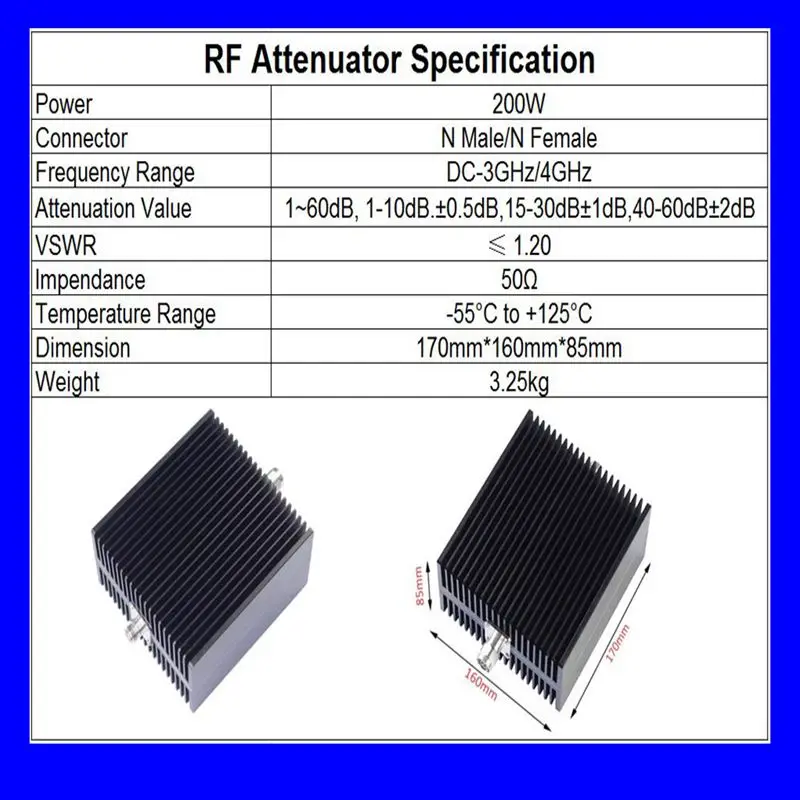 Imagem -06 - Atenuador Coaxial de Antena tipo n Plugue Macho para Jack Fêmea Acessório de Alta Potência Dc3ghz 4ghz 1db60db 50ohm 200w