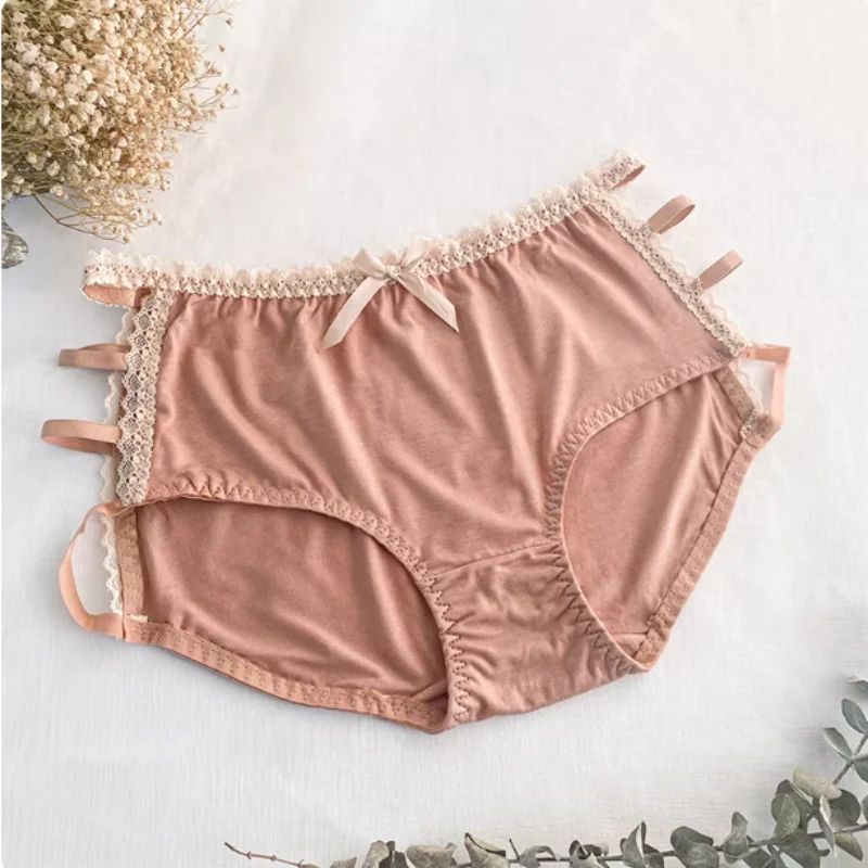 Sexy Mid Waist Large Size Women's Panties Modal Thin Seamless Solid Color Quick-Dry Underwear Sissy Lace Bow Sweet Party Briefs