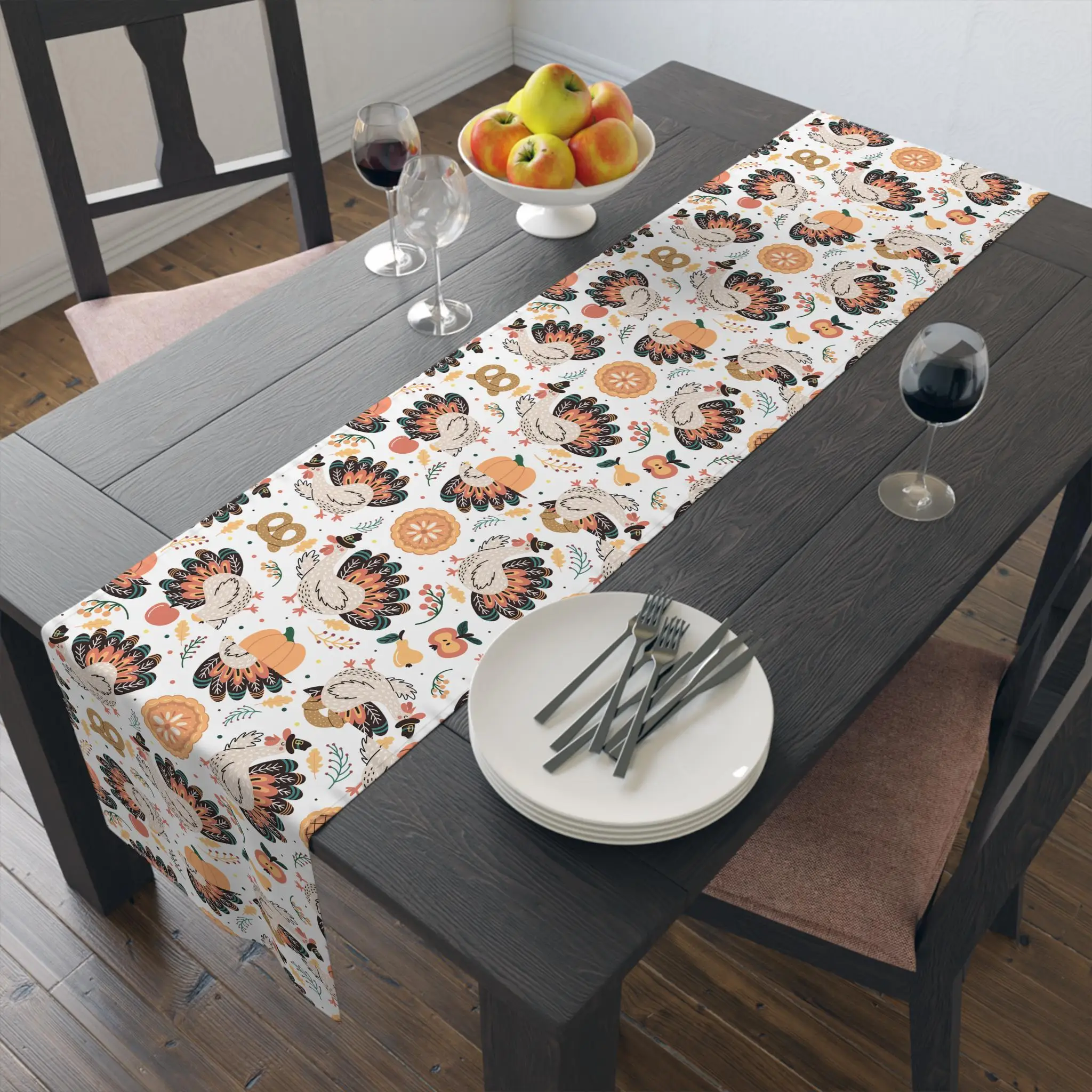 Thanksgiving Table Runner, Turkey Print Fall Holiday Decor Tablecloth for Dining Table Party, Autumn Home Decoration