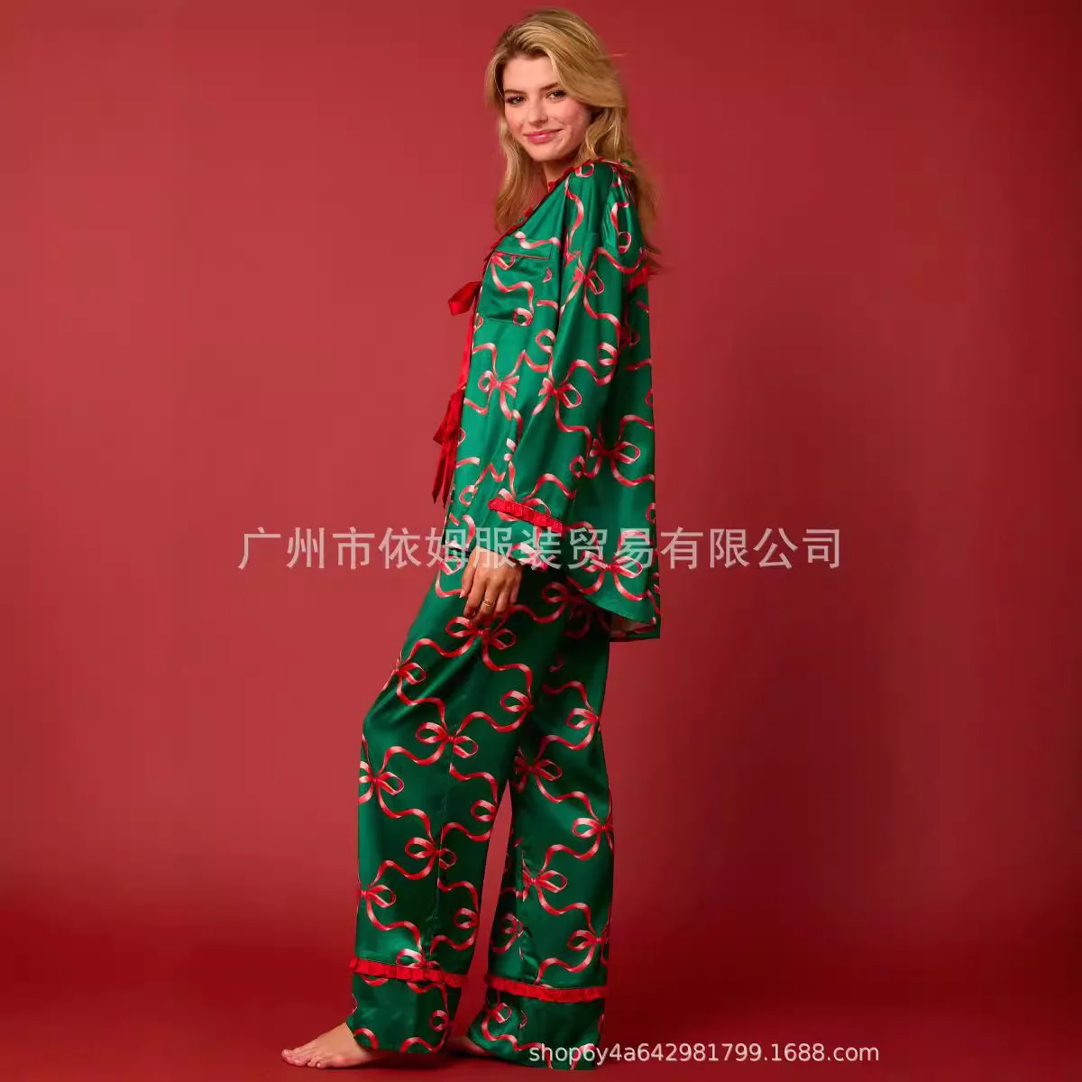 Women's New Splicing Turndown Collar Button Pockets Printed Pajama Two Piece Minimalist Casual with Bow Tie Long Sleeves Suit