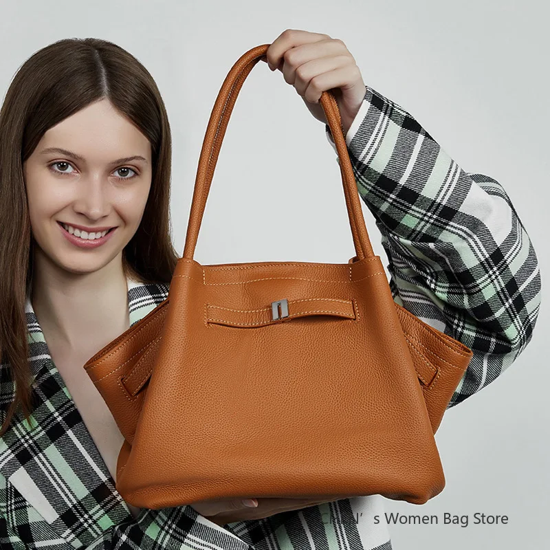 

Free First Letter Gold Stamping Head Layer Cowhide Large-size Fashionable Simple Handbag Food Basket One-shoulder Handbag Women