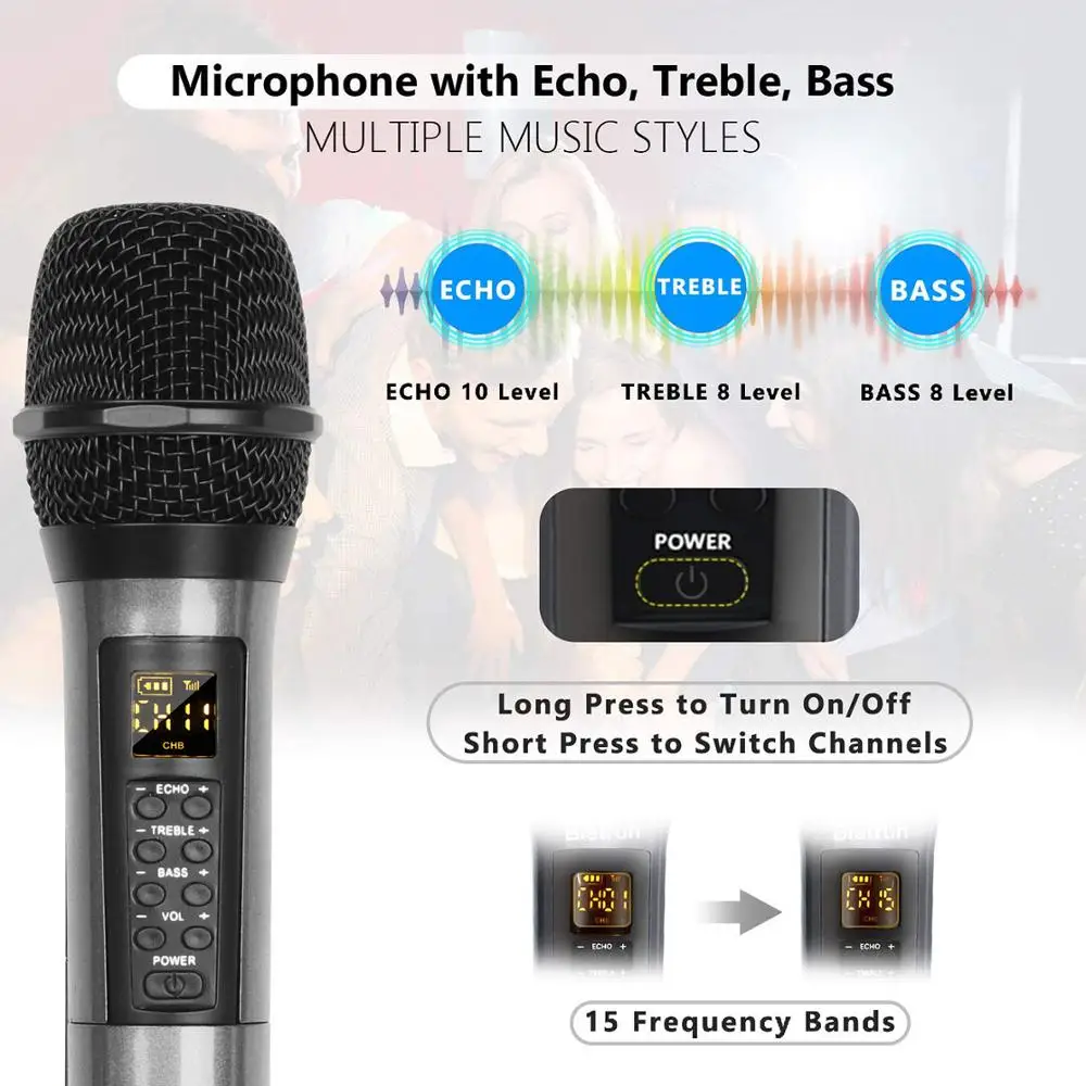 Portable Professional Dual Channel Wireless Microphone System Stage Performance Dynamic For Home Singing Karaoke Ktv
