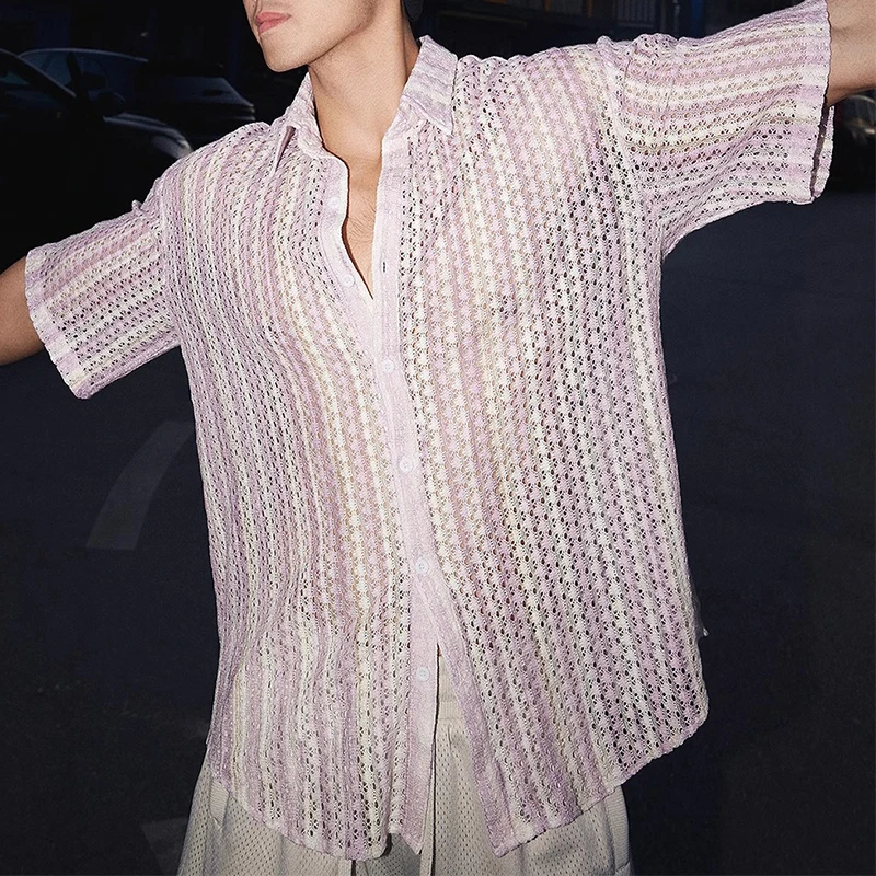 Vintage Umlegekragen Hemd mit Knöpfen für Herren am Meer, sexy, aushöhlen, durchsichtig, Netzhemden, modische Herren-Kurzarm-Strickjacken