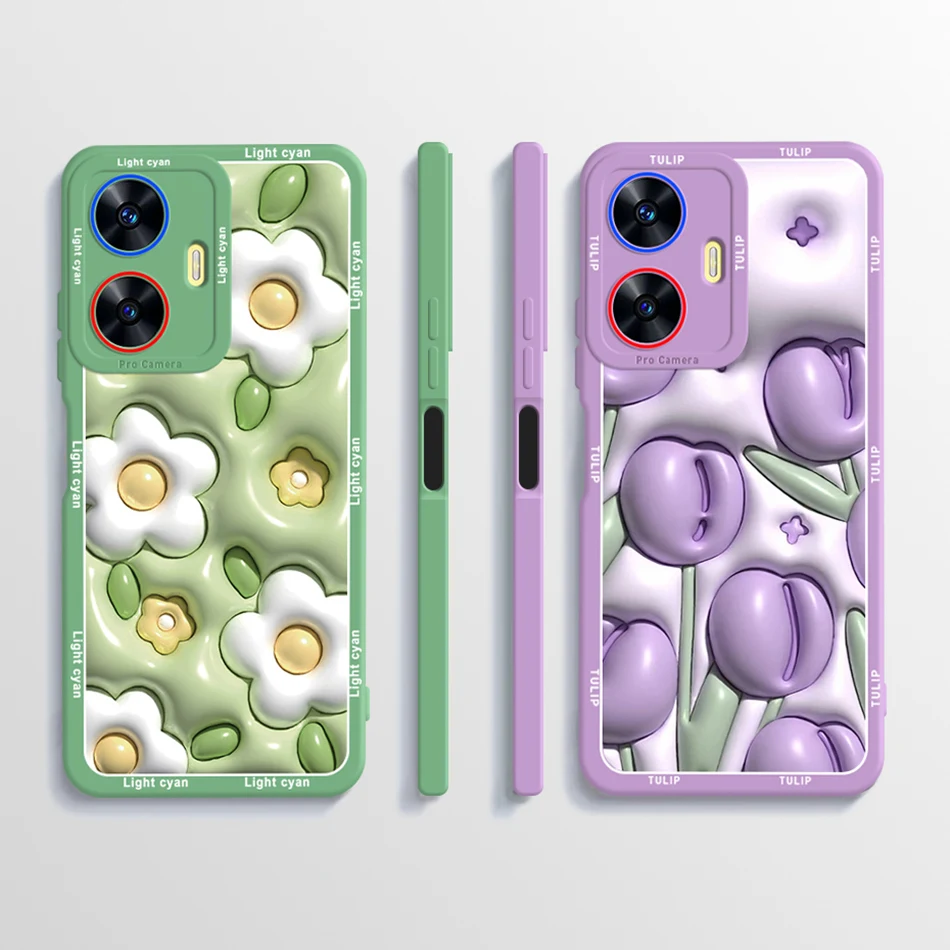 For OPPO Realme C55 4G Case Fashion Tulip Flower Funda Square Soft Silicone Phone Case For RealmeC55 C 55 2023 Back Cover Bumper