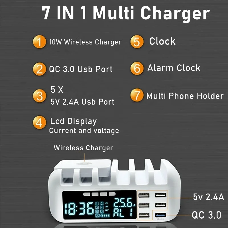 48W Universal Multi USB Fast Wireless Charger Station QC3.0 Usb LCD With Clock Portatil Carregador For iPhone 12 Xiaomi Samsung