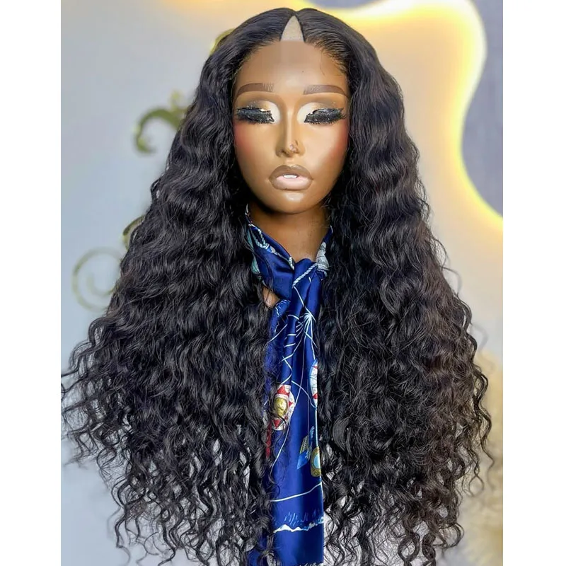 

#1 #2 #4 Deep Wave Black Women Glueless Opening V Part Wigs with Clips Remy Human Hair Adjustable 1X4 Size V Part Wigs Natural