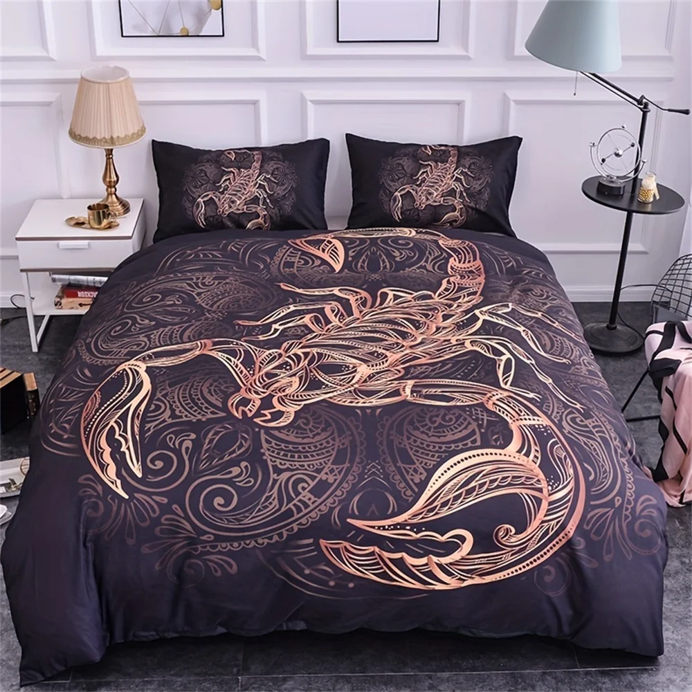 2/3pcs Black&Golden Scorpion Constellation Print Duvet Cover Set (1 Duvet Cover + 1/2 Pillowcase, Without Core), Bedding Set