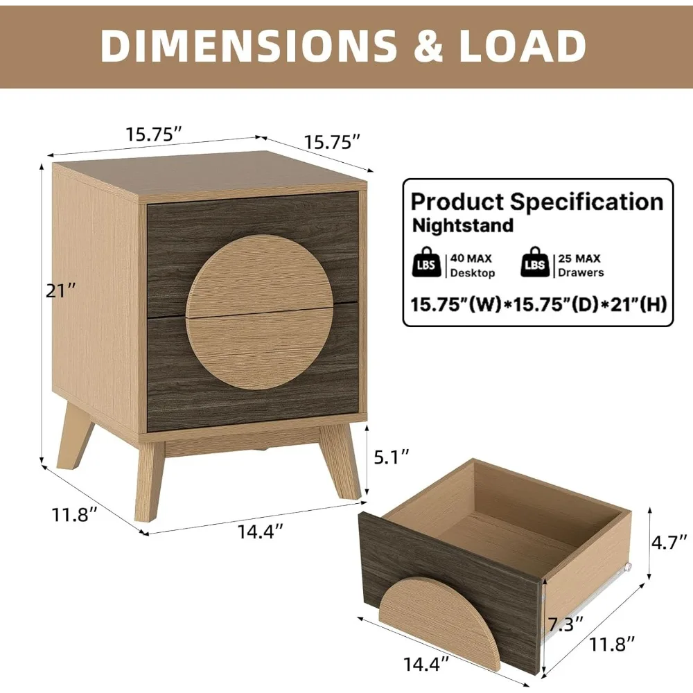 منضدة حديثة من خشب البلوط مقاس 15 بوصة مع أدراج ومقابض دائرية وطاولة جانبية مدمجة لغرفة النوم