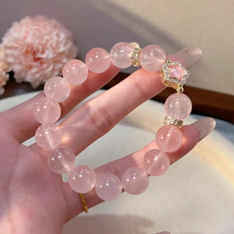 

Minar Sweet Pink Crystal Natural Stone Beads CZ Zircon Star Circle Elastic Strand Bracelets for Women Real Gold Plated Copper