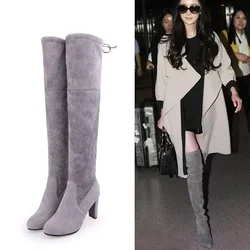 Damskie buty na kolanach Botas Mujer Invierno 2023 nowe w rozciągliwe tkaniny buty na wysokim obcasie spiczasty palec długi Botte Femme