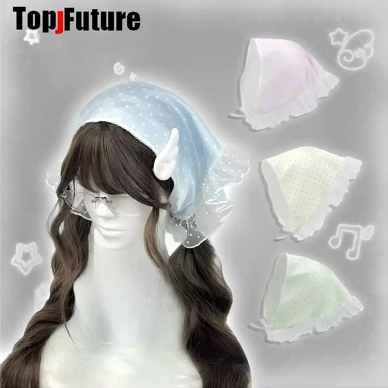 Y2K Satin Polka Dot Triangle Headscarf With Wing Subculture Accessories Vintage French Lace Ruffle  Sweet Girl Spring Summer