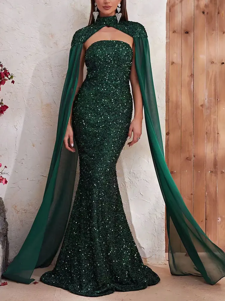 에메랄드 그린 인어 긴 스팽글 파티 원피스 프릴 반짝이 연예인 맞춤 제작 크리스탈, 세련된 이브닝 가운, 숄 포함