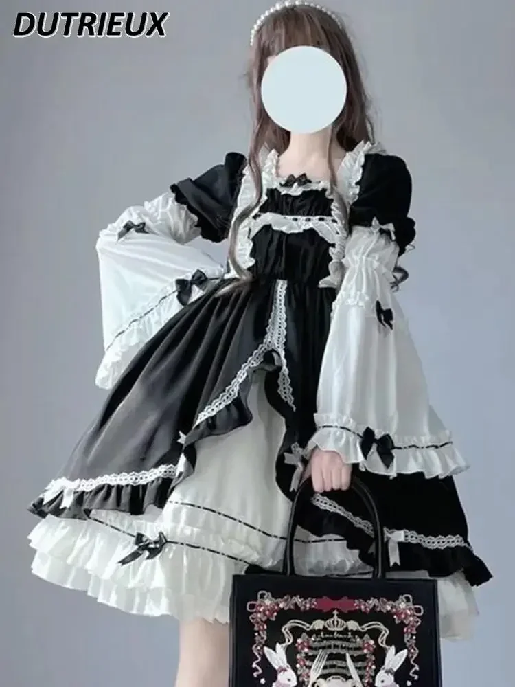 Women's Dresses Spring Autumn 2024 Sweet Cute Black and White Op Detachable Lolita Style Long Sleeve Casual Short Elegant Dress