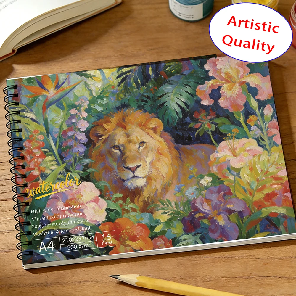 A4 Spiral Watercolor Pad 300gsm, Lion in Tropical Floral Cover, 16 Sheets Acid-Free Art Sketchbook for Back to School & Gif
