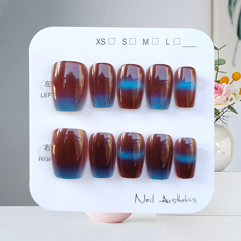 10 قطعة الخريف الشتاء نمط جديد الأزرق البني التباين اللون مسمار ملصقات الأظافر ملصق اضغط على الأظافر مسمار التصحيح مزاجه الأظافر وهمية