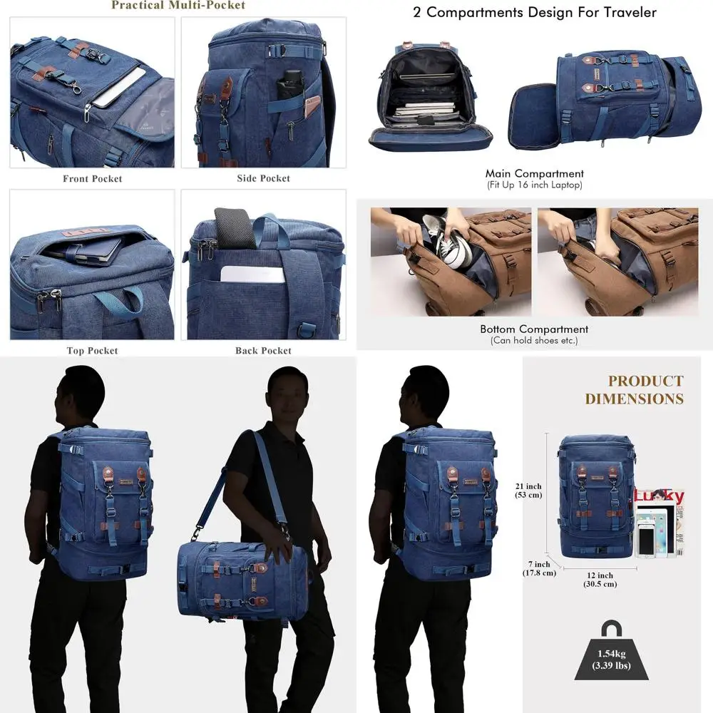 

Холщовый дорожный рюкзак с ручкой и трансформируемой спортивной сумкой, большой синий