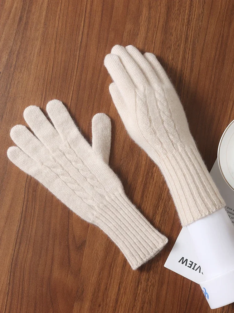 

Women Wool Cashmere Gloves Cable Knit Touchscreen Finger Hole Winter Autumn Warm Wrist Length Classic Gloves Female Mitten