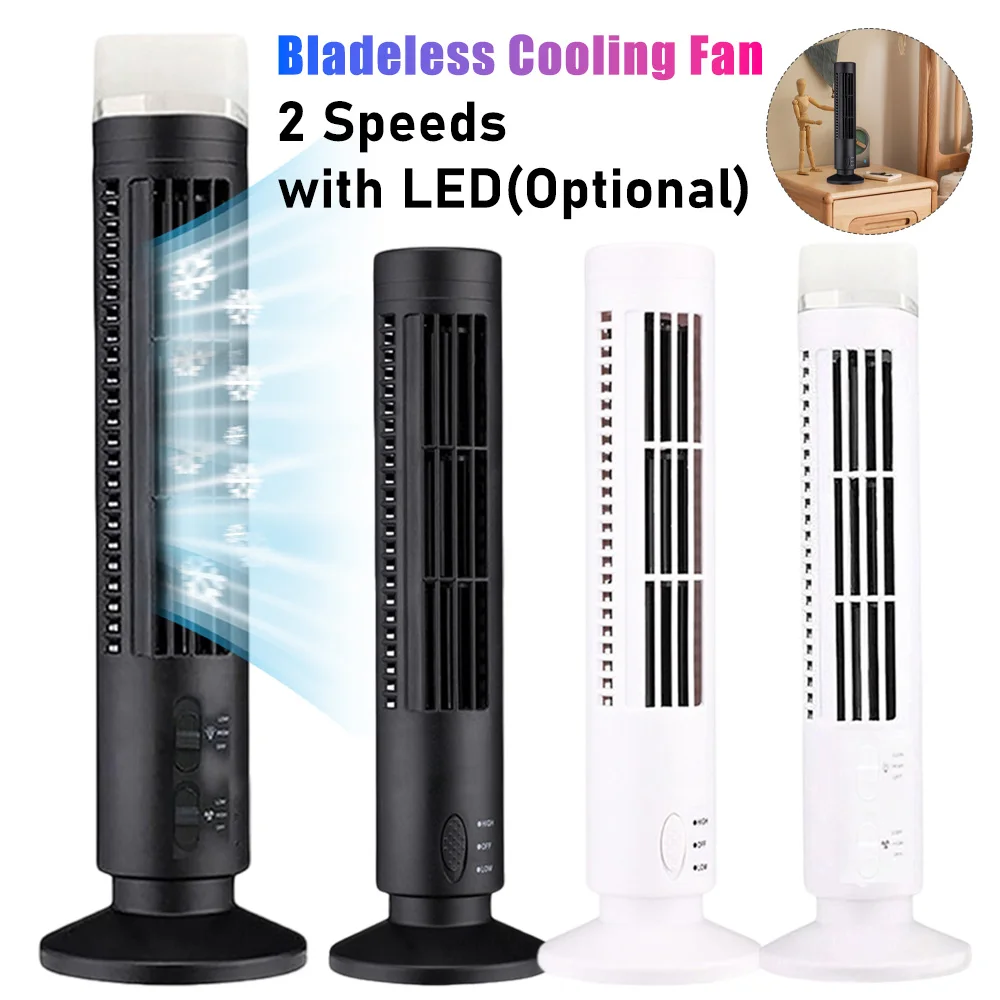 LED Tower Fan Bladeless Cooling Fan 2 Gear Speed Mini Vertical Conditioner Portable USB Bladeless Fan for Living Room Bedroom