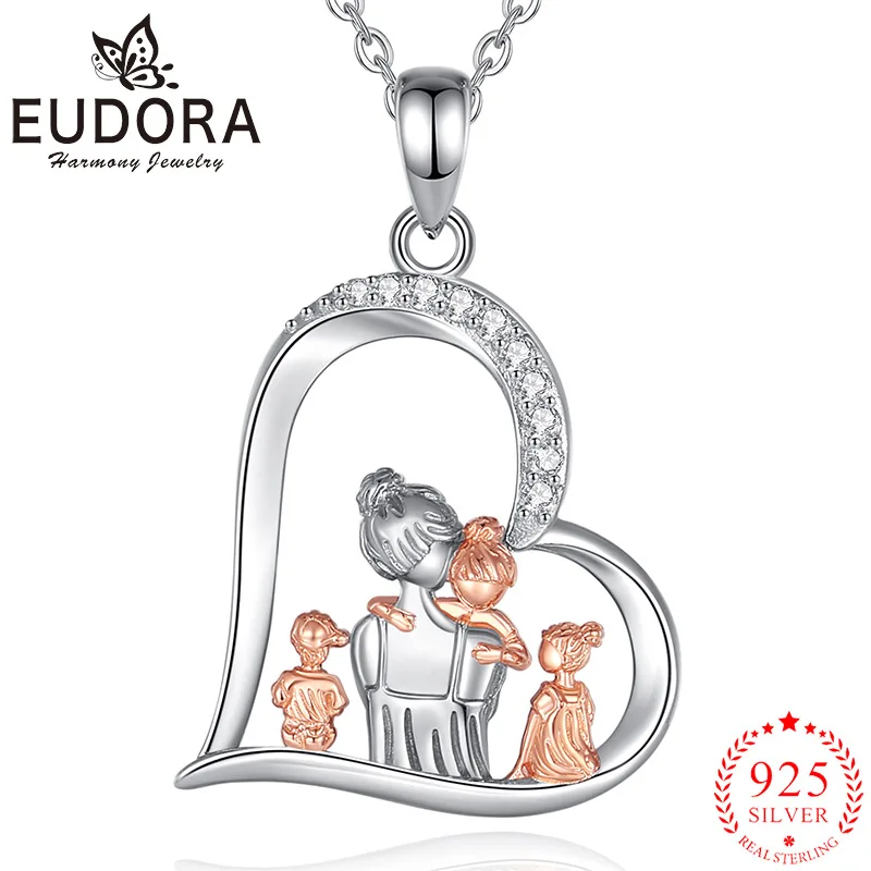 Eudora 925 Sterling Silver Mother and Daughter Necklace Family Zircon Heart Pendant Fashion Simple Jewelry Mother's Day Gift