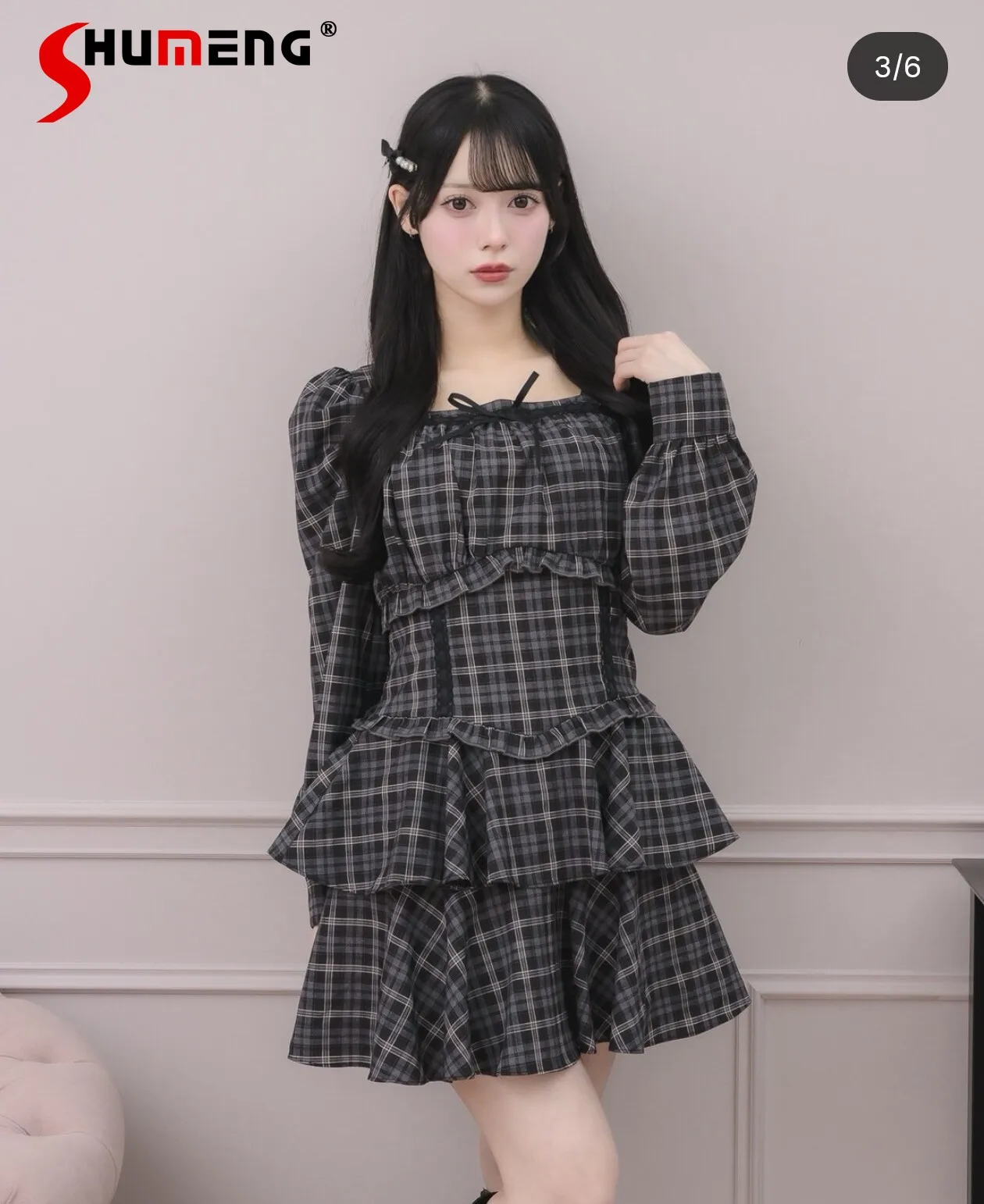 

Japanese Style Elegant Sweet Lace Spliced Bow Square-neck Long-sleeve High-waisted Slim-fit A-line Layered Short Dress for Women