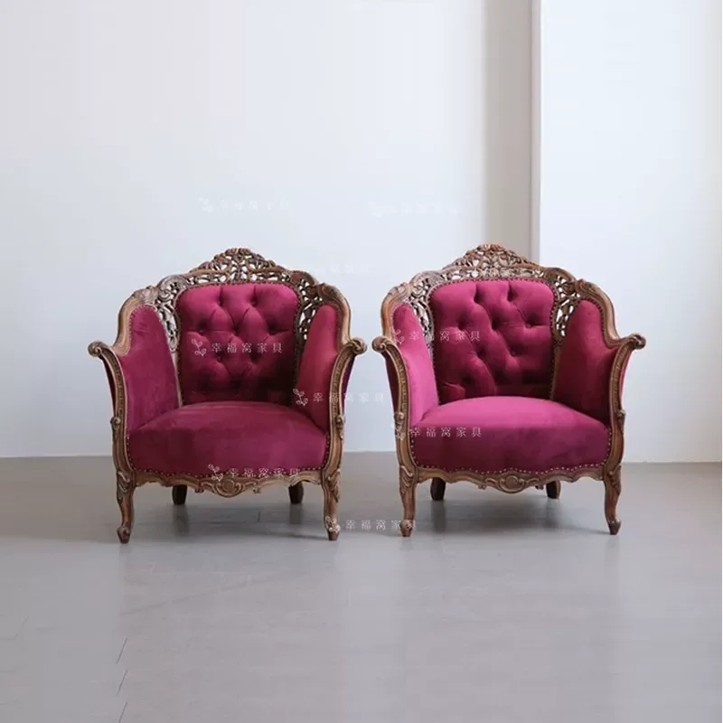 American Solid Wood Carved Floral Single Sofa Fabric Studio Leisure Chair Retro Villa High Back Armchair