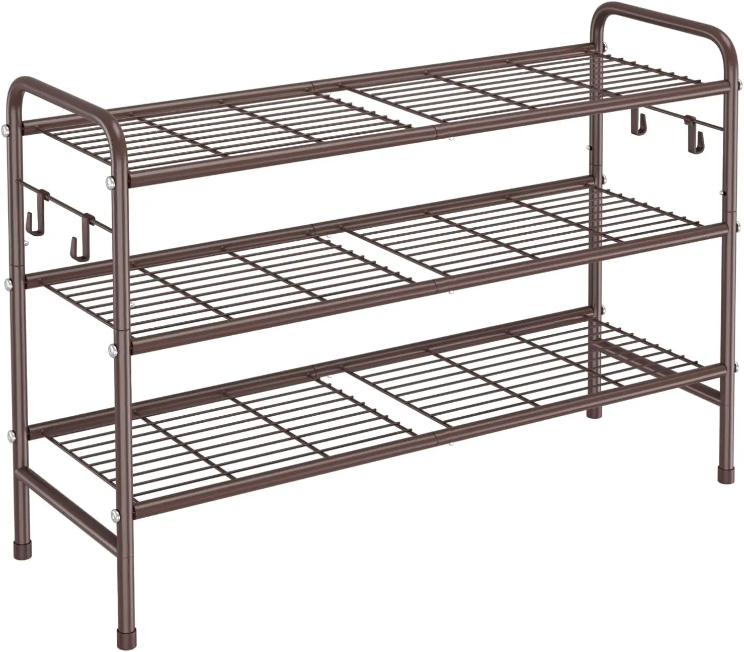 

3-Tier Metal Shoe Rack 33' Wide with 4 Hooks, Brown Shoe Organizer for Entryway, Closet, Garage, Dorm