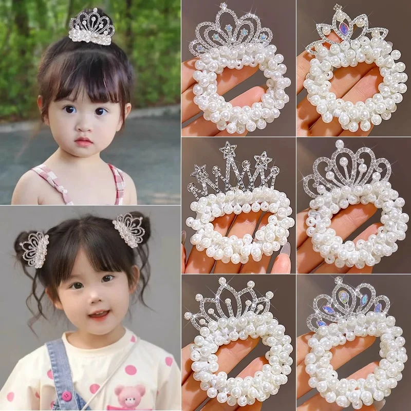 2pcs Hair Accessories Crown Headdress Female Children Tie Hair Leather Strap Princess Headband Marble Head Little Girl Pearl