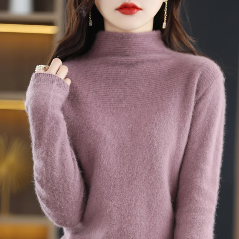 Autumn and Winter New Women's 100% Mink Cashmere Sweater High Neck Knitted Pullover Casual Loose Large Basic Fashion Top