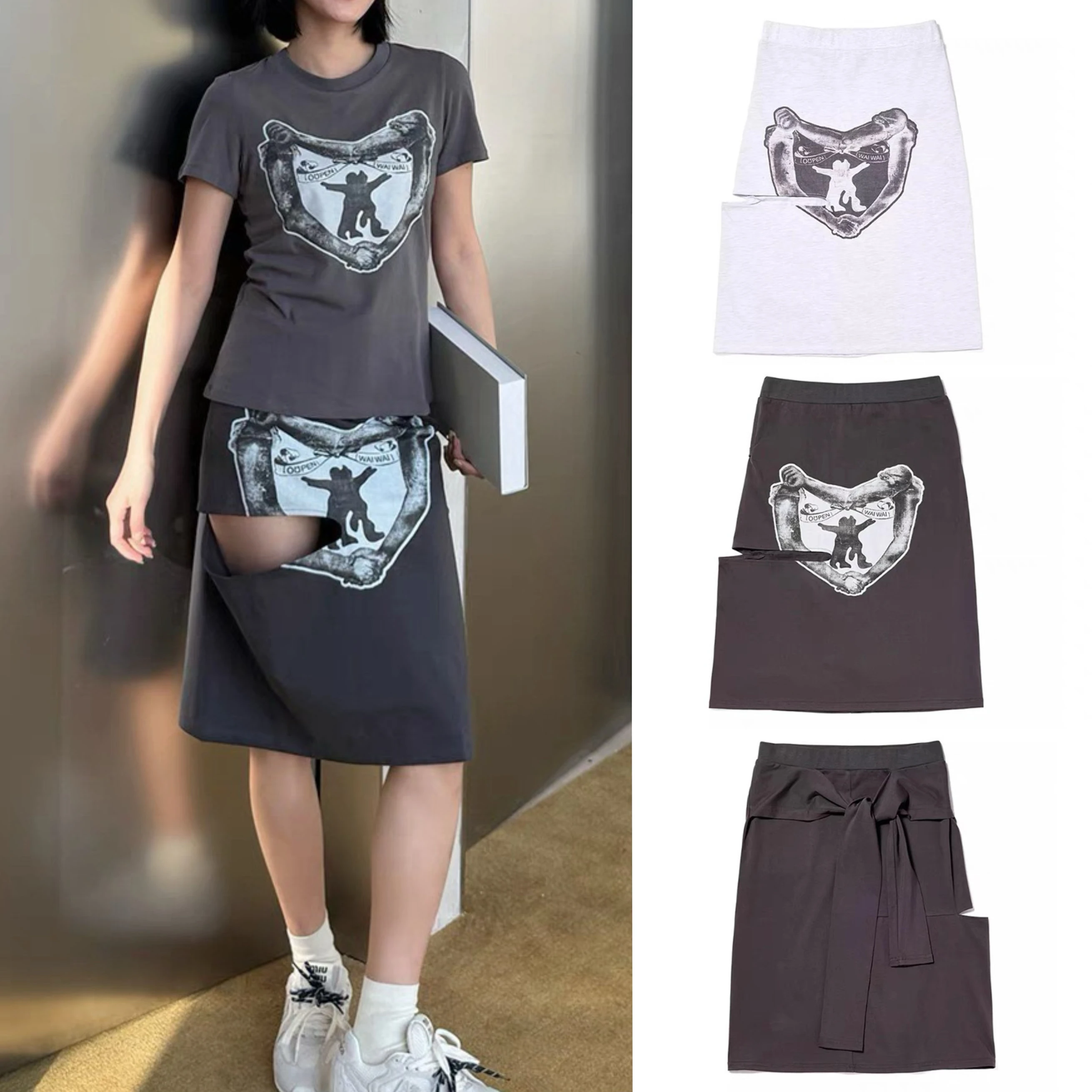 

Корейская юбка миди из смесового хлопка с асимметричным вырезом, декоративным поясом и принтом, прямого кроя, со средней талией