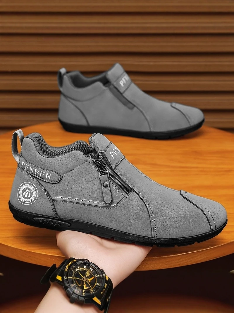 Men's Fleece Lined Side Zip Casual Leather Shoes Lazy One Step Soft Bottom Anti Slip Sport Work Black Cotton Shoes