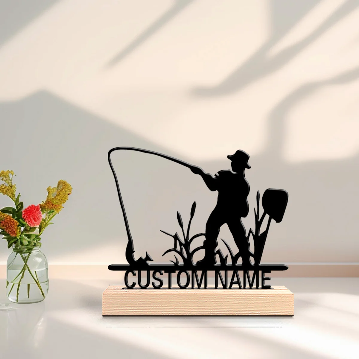 1pc Creative fishing Custom Letter Metal Statue Iron Ornament Art Figurine With Wood Base Metal Statue For Children Gifts
