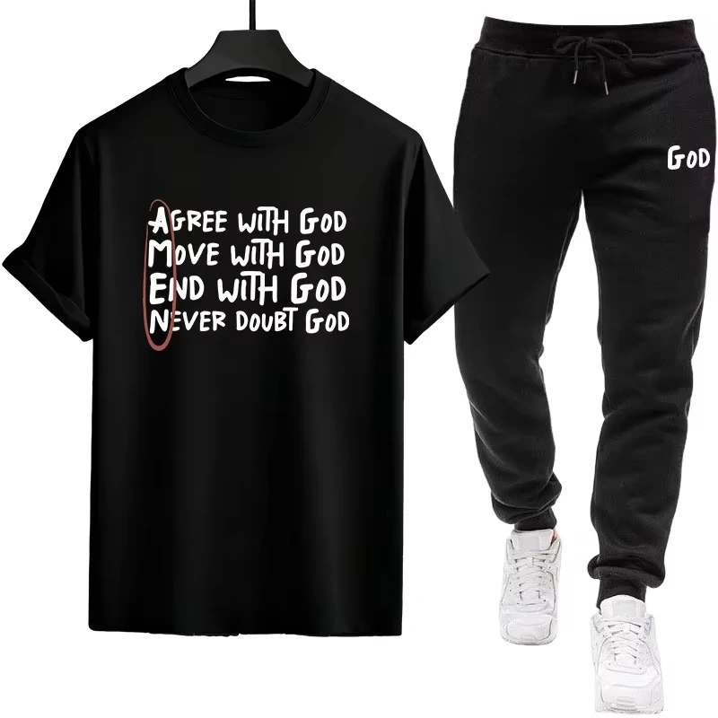 

Men's Printed Cotton T-Shirt + Sweatpants Sportswear Set, Urban Casual Sports Outfit, Comfortable & Cool for Spring and Summer