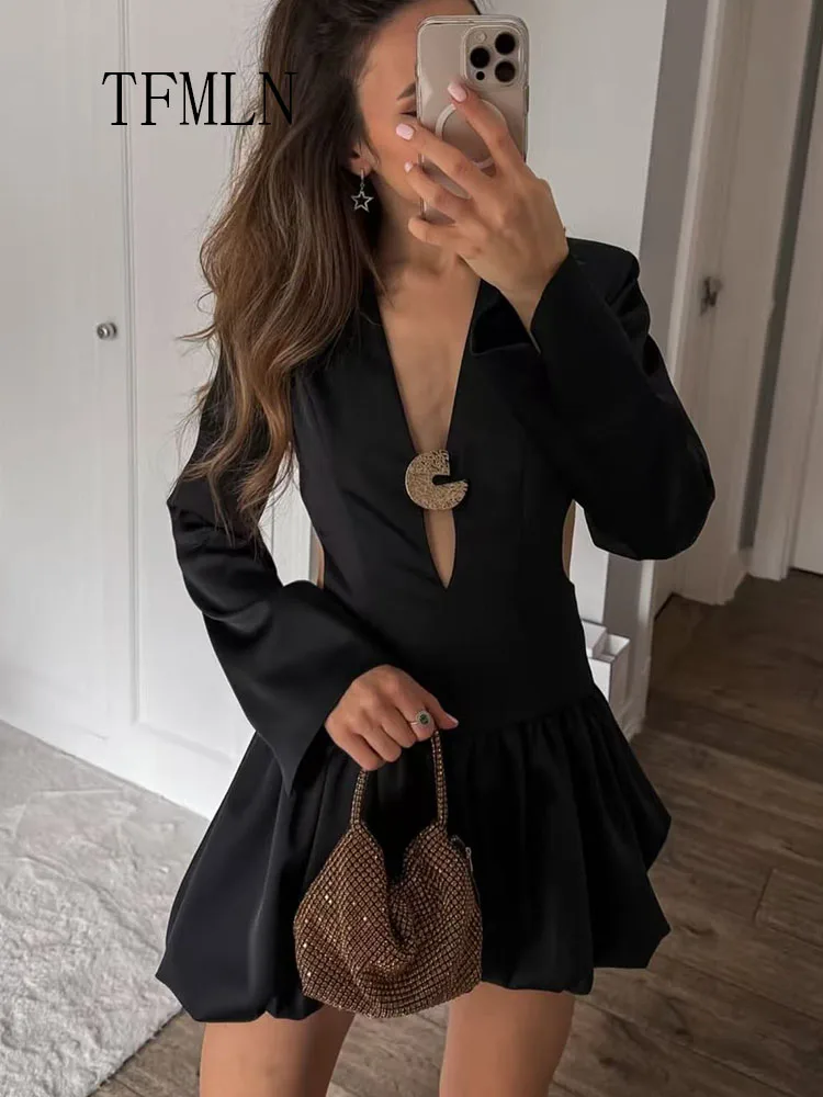 TFMLN 2026 Spring Summer Hollow Out Mini Dress For Women Sexy Backless Long Sleeve Folds Party Dress Elegant Date Night Dress