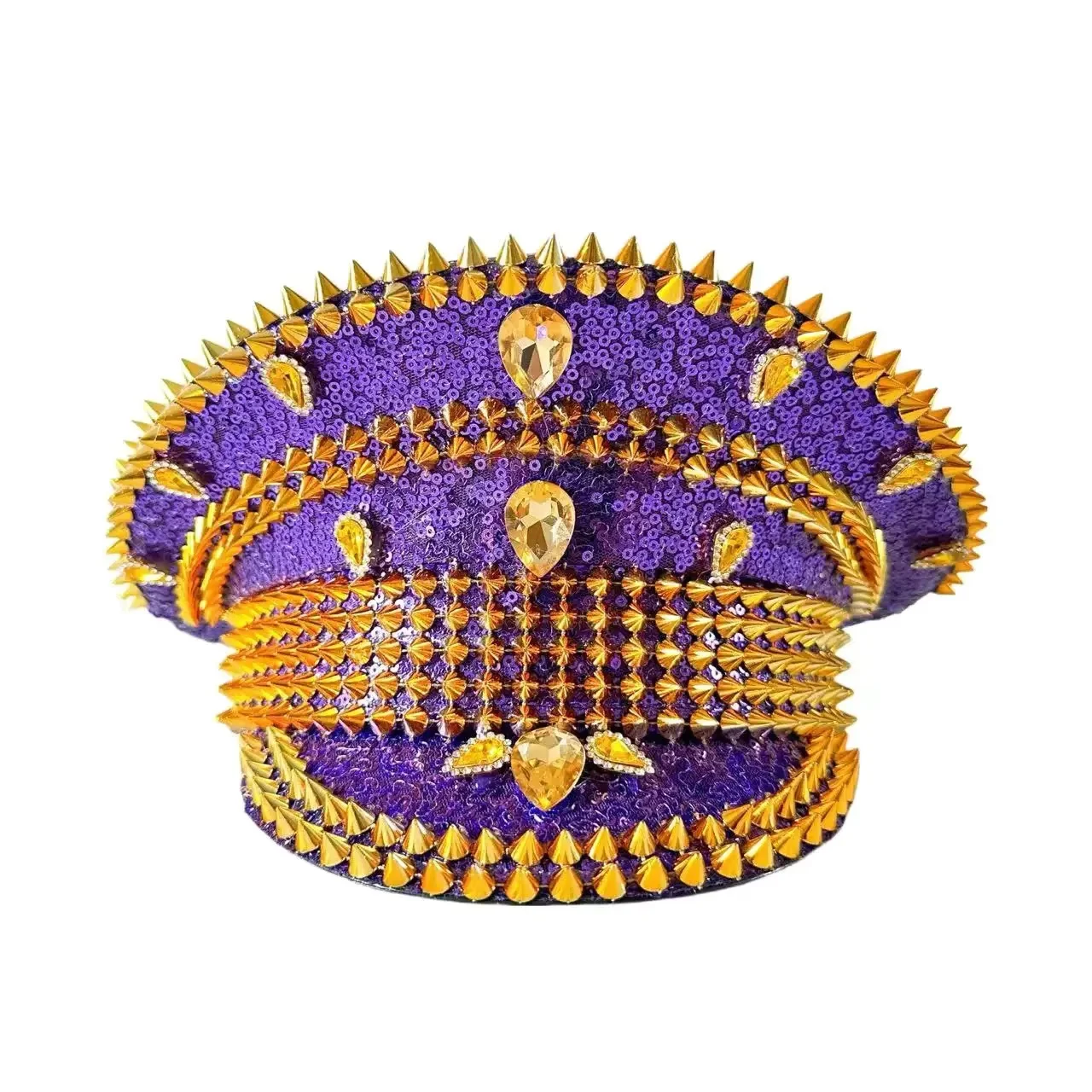 HongLuan Yellow Laser Leather Loop Captain Hat Rhinestone & Military Caps for Woman, Rave Festivals Accessories ＆ Party Cap Man