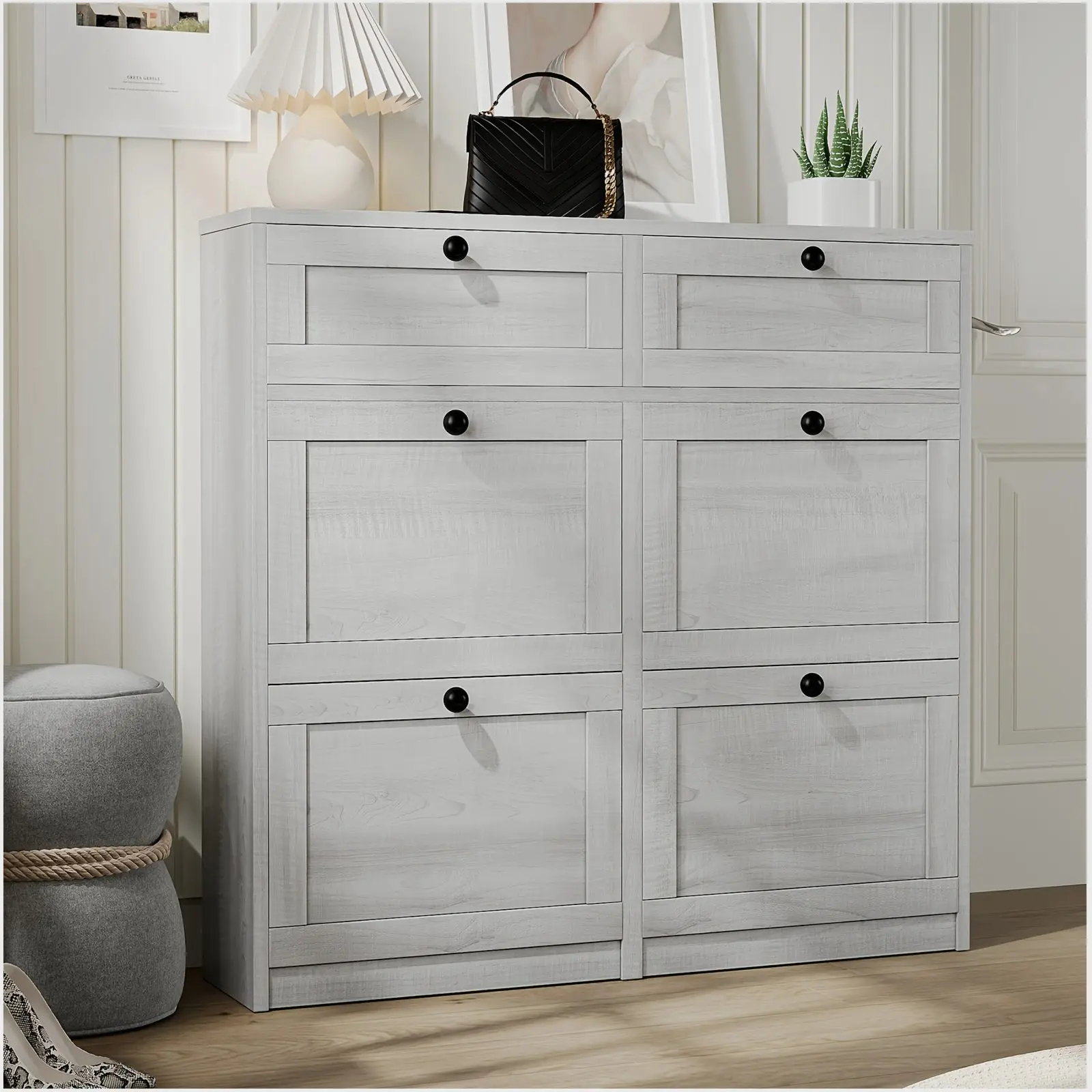 

24-Compartment Freestanding Shoe Cabinet – Narrow Design with 4 Flip-Out Storage Units (2 Drawers + 2 Doors), Space-Saving Entryway & Living Room Organizer, Modern White and Black Two-Tone Finish