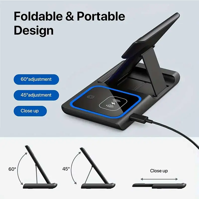 3-in-1 Fast Wireless Charger Stand For iPhone 15 14 13 12 11 Foldable Charging Station for Apple Watch 9 8 7 6 5 Airpods Pro