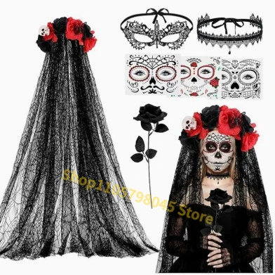 Day of the Dead Ghost Bride Accessory Set Lace Veil Mask Choker Temporary Tattoo Stickers Halloween Cosplay Photo Prop Kit