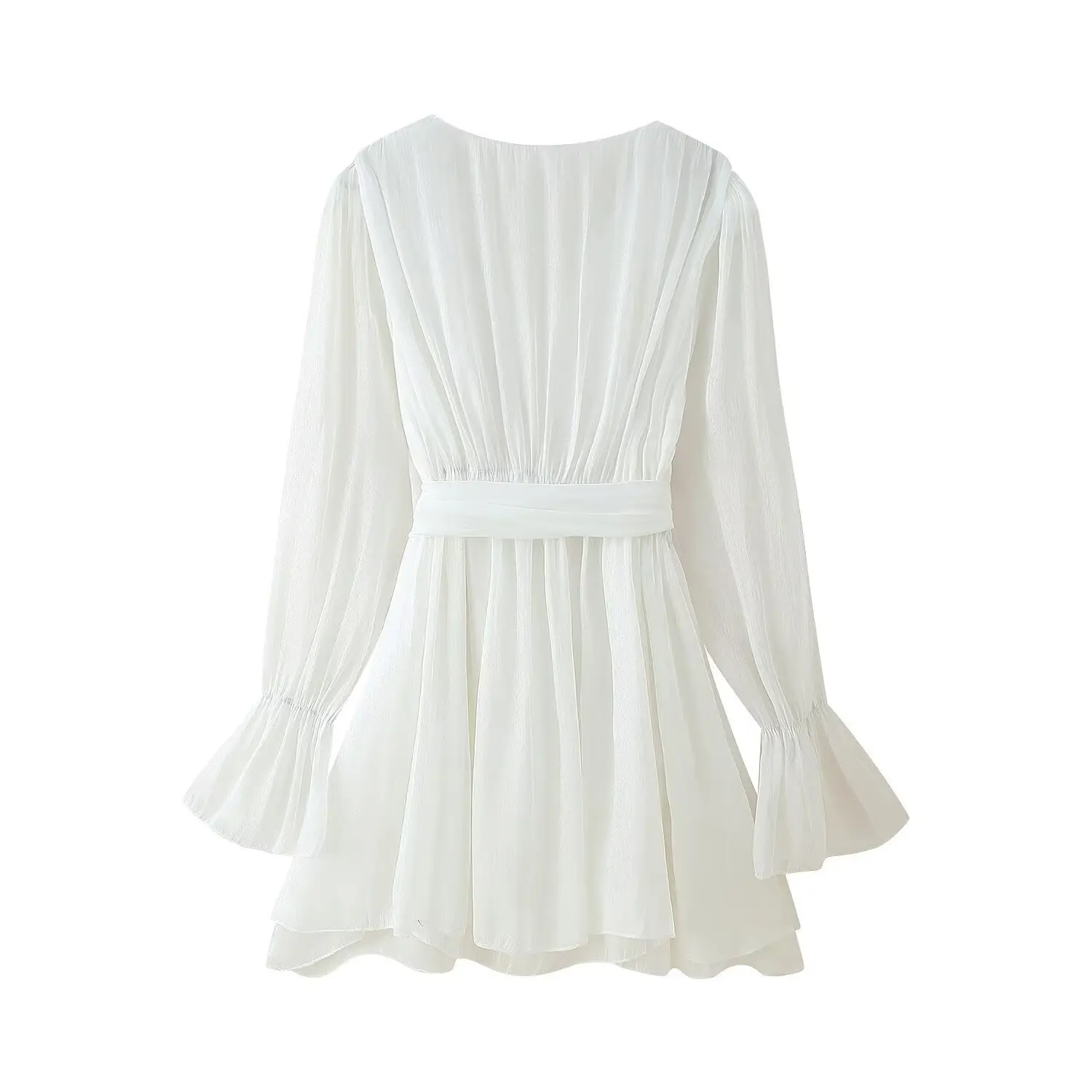 Elegant Pleated A-line Mini Dresses Holiday Party Robe Women Autumn Puff Long Sleeve Dress V Neck Bow Sashes Dress