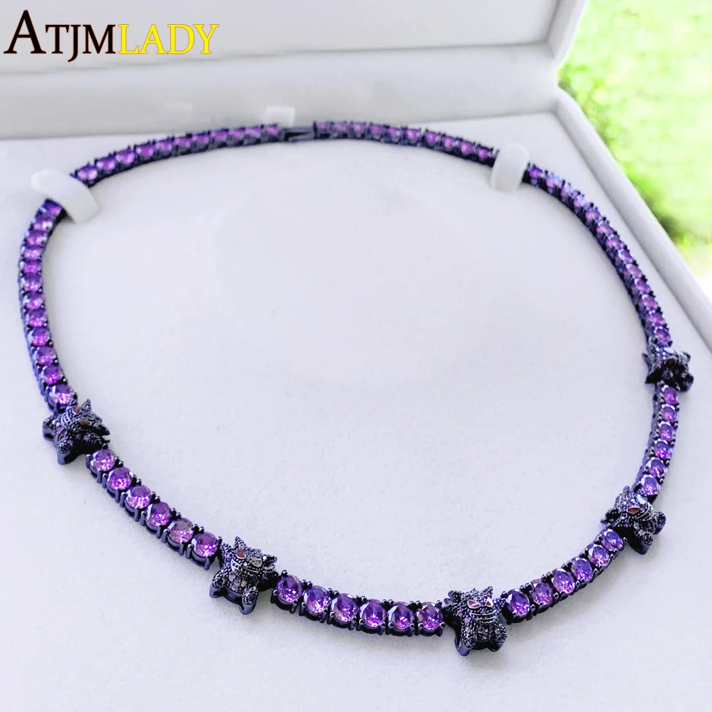 Iced Out Bling Cubic Zirconia Tennis Chain Full Paved Purple Cz Ghost Charm Black Gold Color Classic Cool Hip Hop Men Jewelry