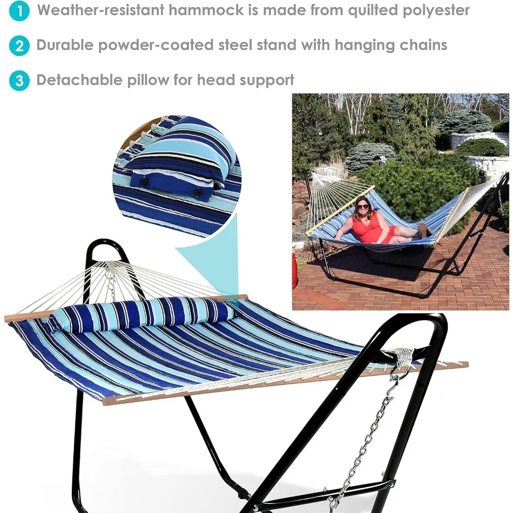 Double Quilted Fabric Hammock with Universal Steel Stand - 450-Pound Capacity - Black Stand - Catalina Beach