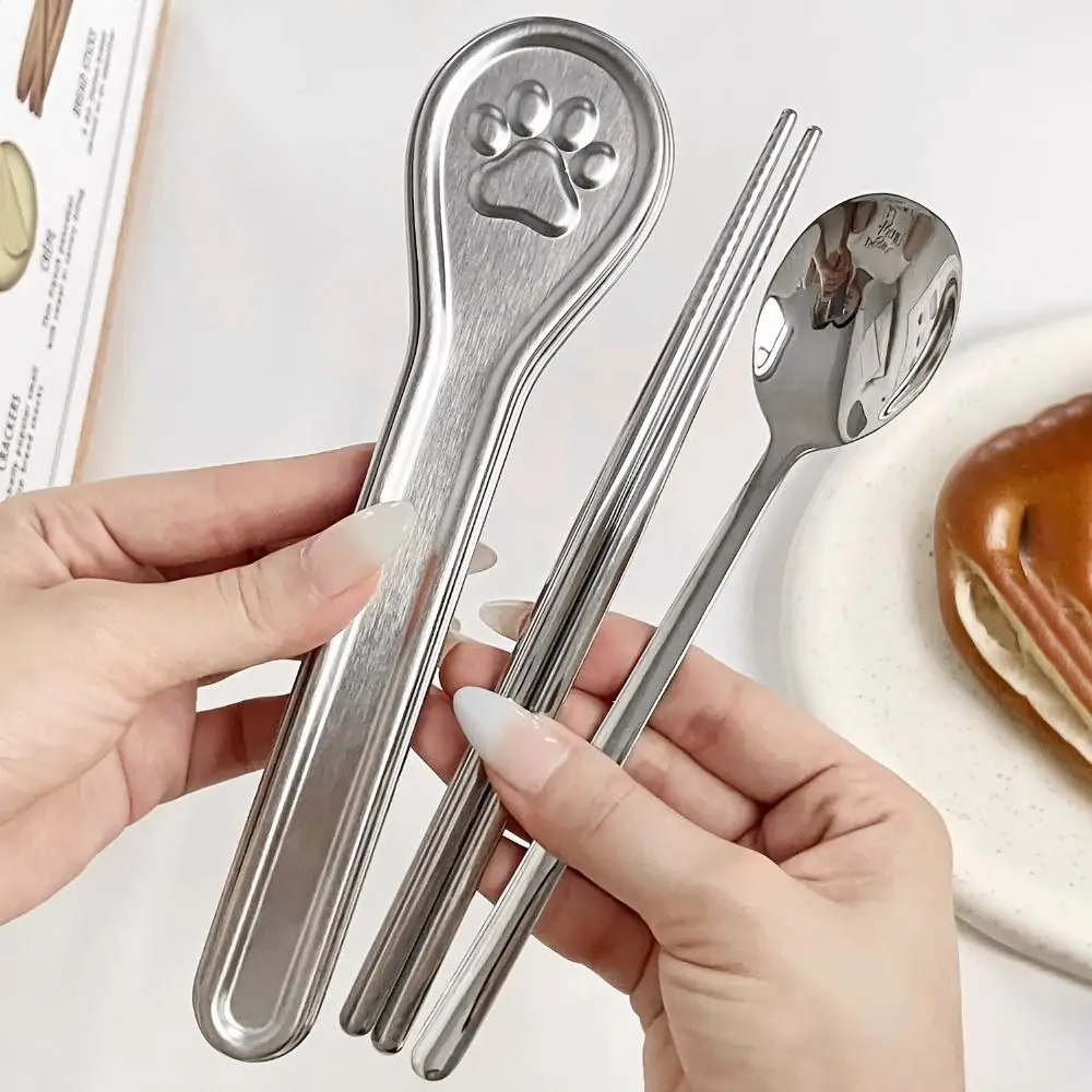 

With Cat Paw Box Travel Tableware Set 304 Stainless Steel Rust-proof Chopsticks Spoon Set Non-slip Smooth Edges Curlty Set