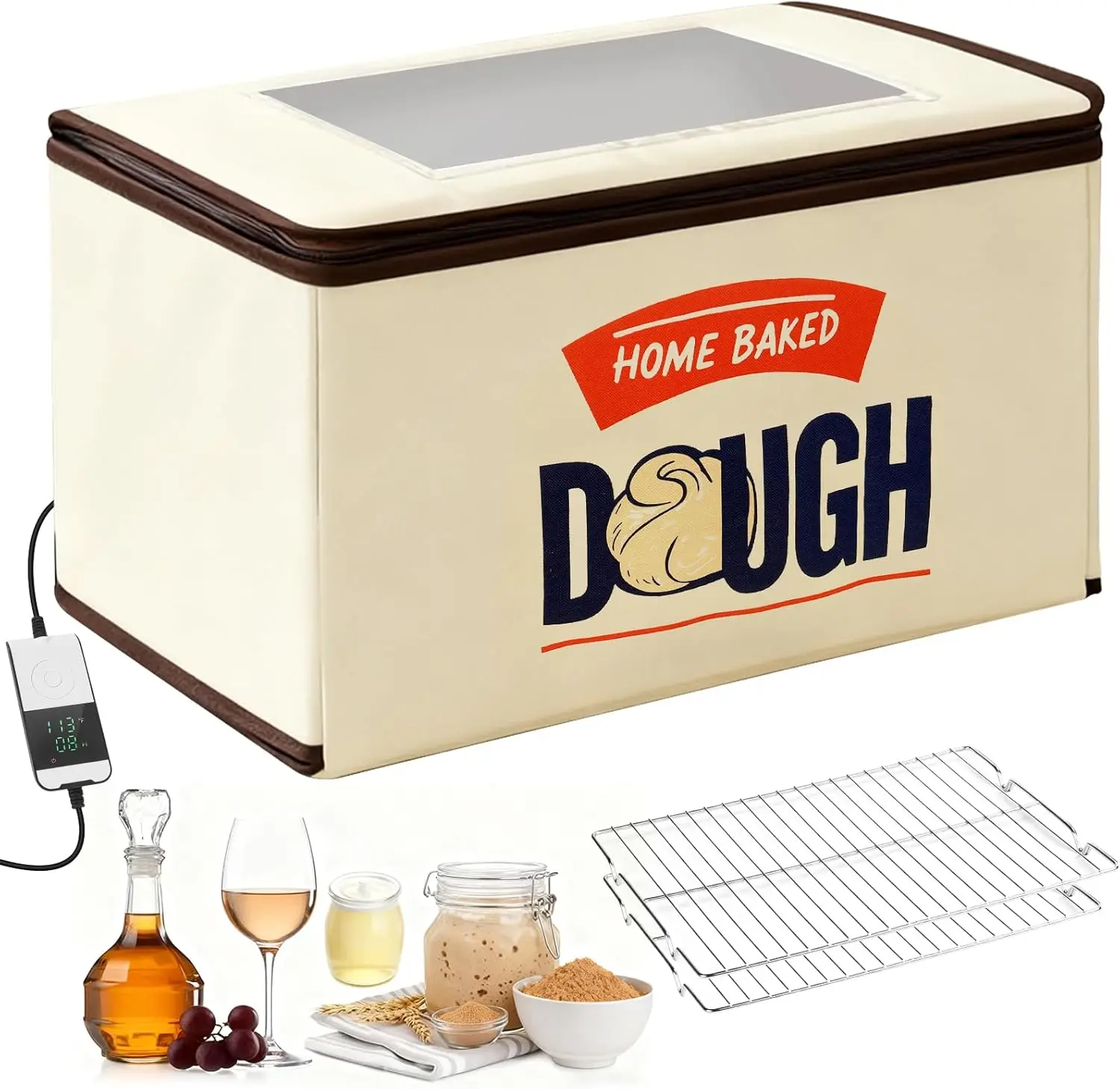 

Folding Bread Proofing Box with 3-Sided Heating, NTC Sensor & Temp Control, 48H Timer, Metal Rack for 2 Loaves Sourdough Pizza