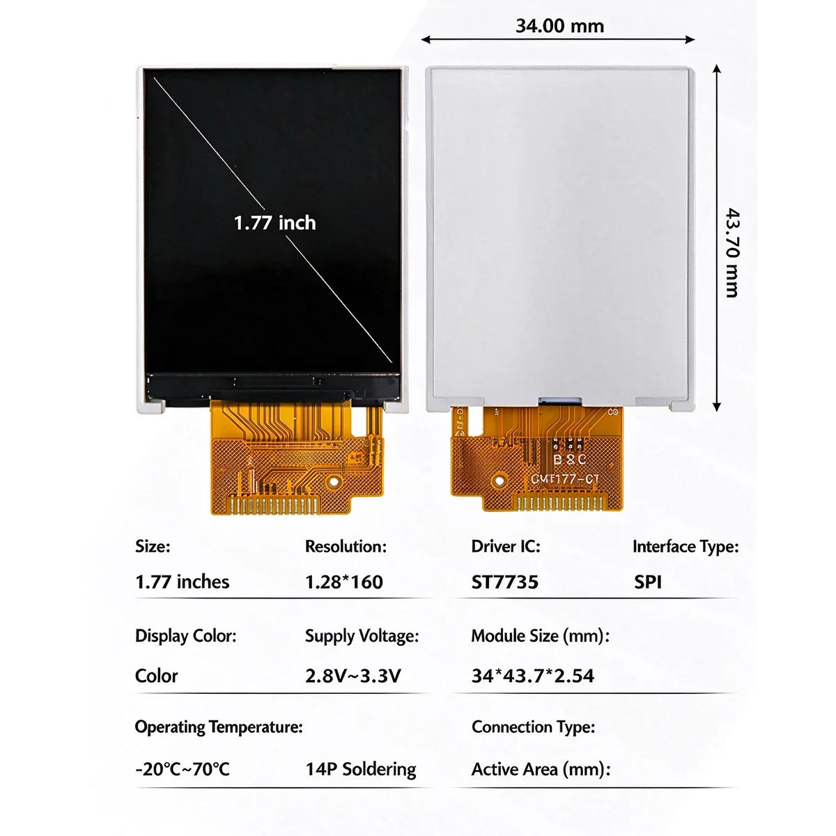 1.77 Inch TFT LCD Display Module 128x160 ST7735 SPI Color Screen 14P Soldering 2.8V~3.3V for Arduino Raspberry Pi Project M139